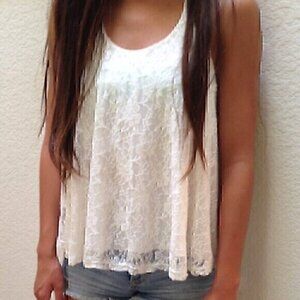 FOREVER 21 White Floral Lace Front / Solid Back Mixed Media Twee Racerback Tank